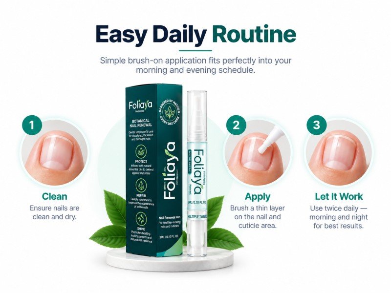 Woman using Foliaya pen for nail care routine